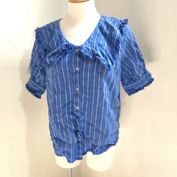 Zara | Blue and White Striped Button Up Blouse - Picture 2 of 12